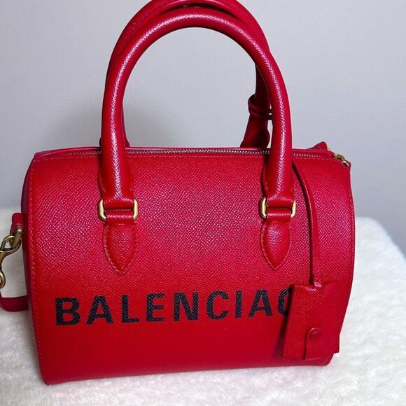 $2420 BALENCIAGA Ville Small Red Bowling 2 way Bag Yellow Interior - Picture 2 of 13